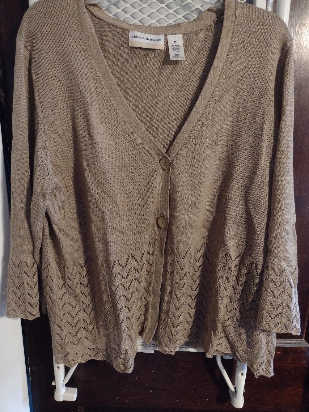 Alfred Dunner Taupe Openwork Hem Button-Front V-Neck Cardigan